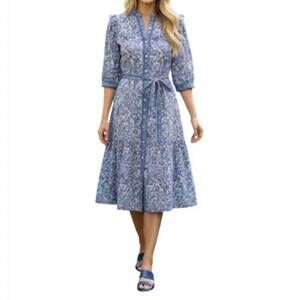 NEW LOLA AUSTRALIA pacific printed v-neck midi dress in oceane blue